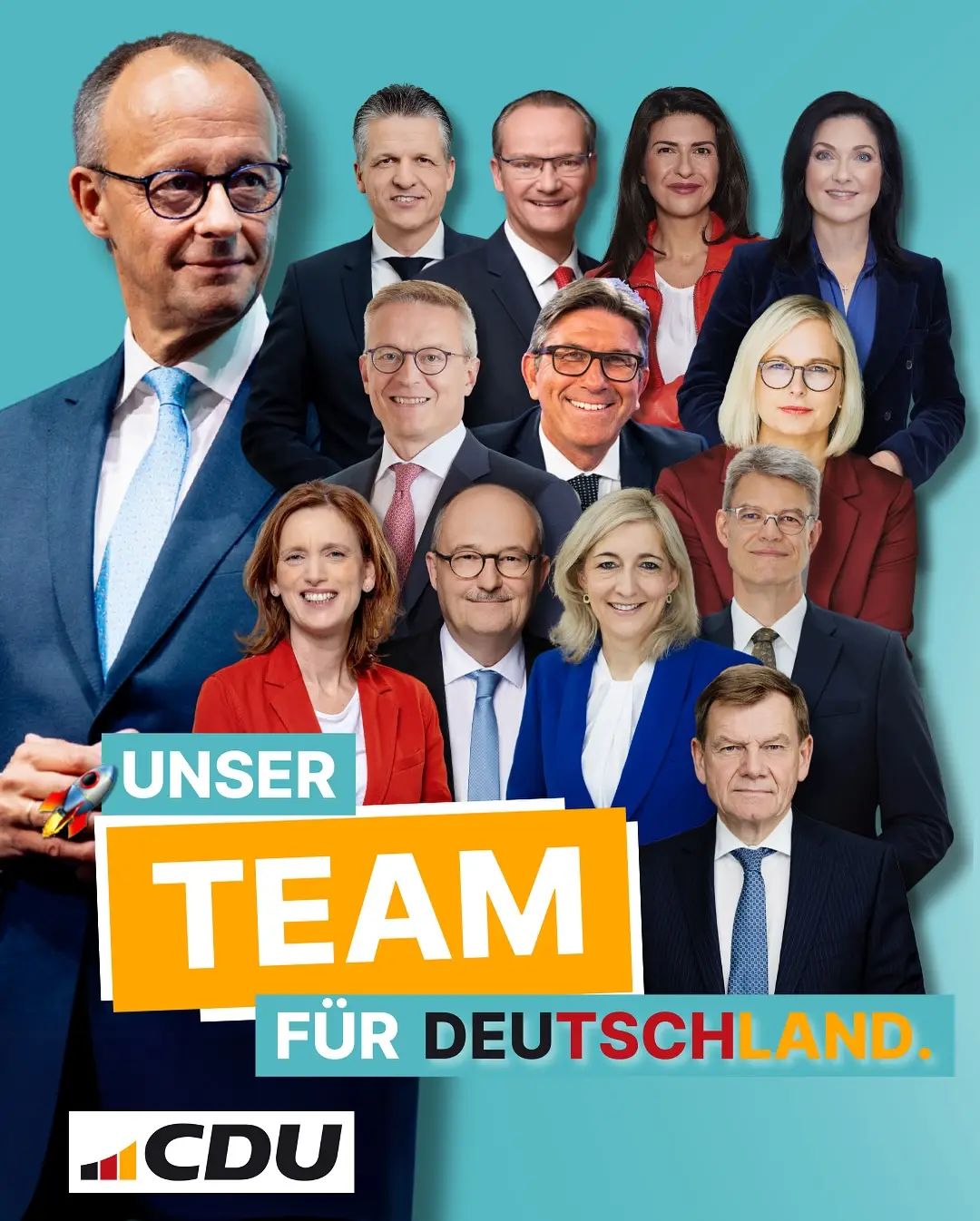 Türkiser Hintergrund, mit allen des. CDU-Ministern der künftigen Bundesregierung, darunter Unser Team für Deutschland in den Farben unserer deutschen Fahne, darunter das CDU Logo