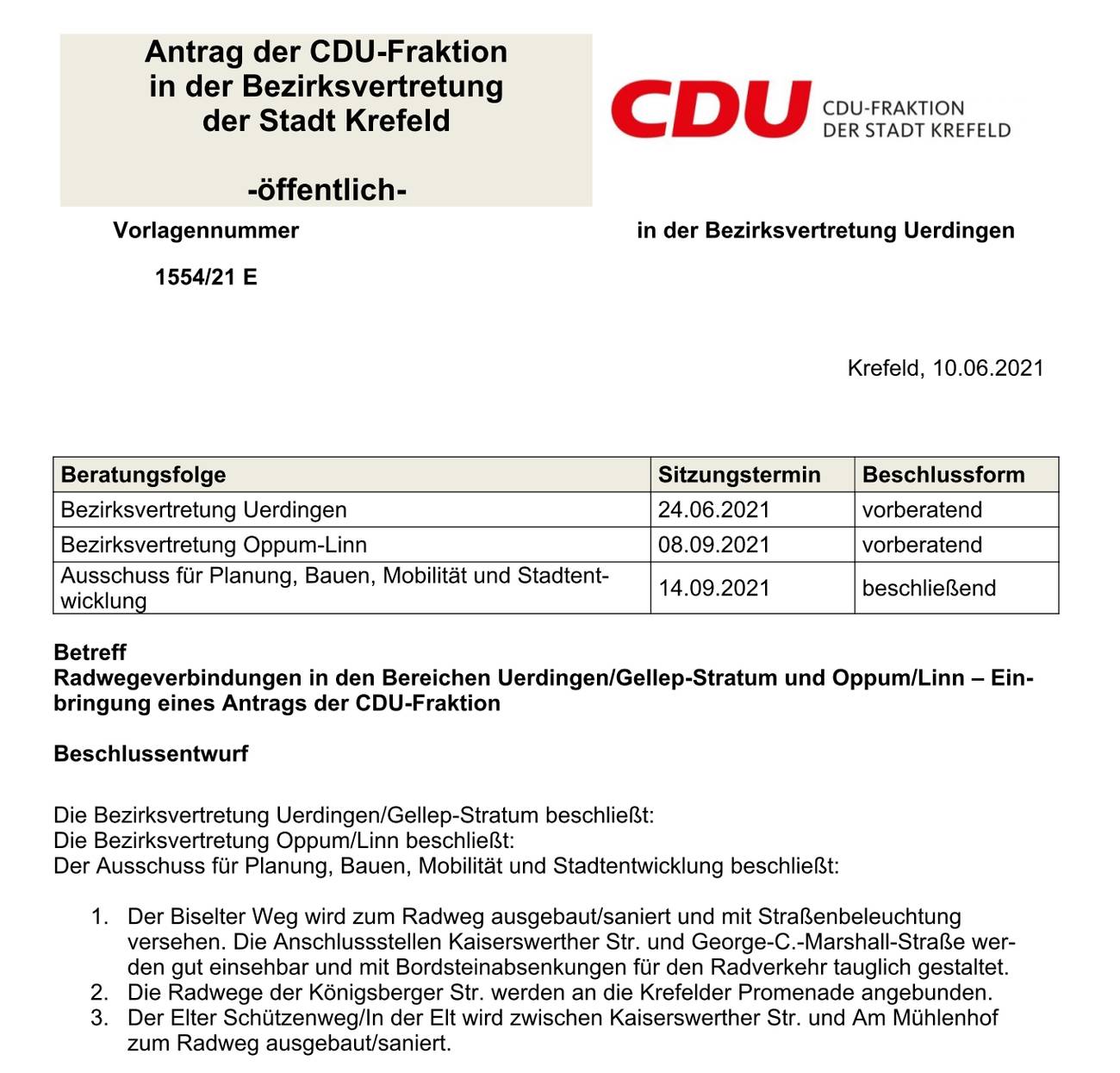 Radwegeverbindungen in den Bereichen Uerdingen/Gellep-Stratum und Oppum/Linn - Ortsverband der CDU Gellep-Stratum