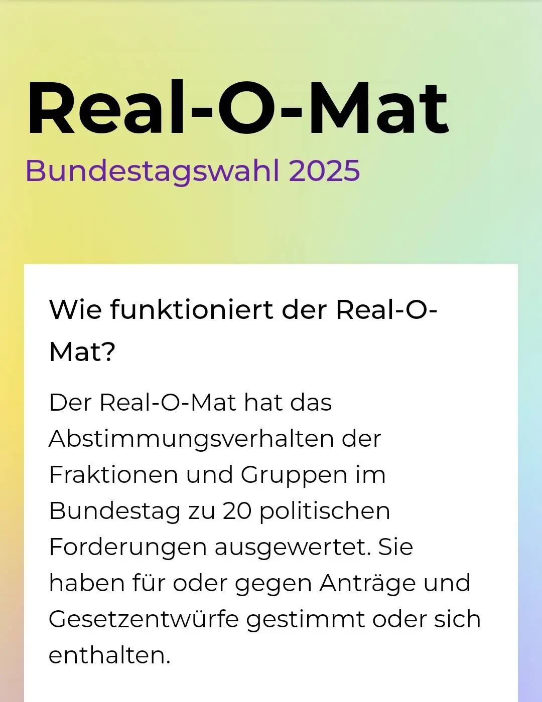 06.02.2025: Real-O-Mat ist Online Ansicht der Startseite des Real-O-Mat