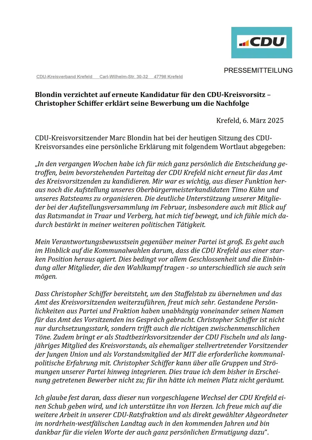 Marc Blondin verzichtet auf erneute Kandidatur für den CDU-Kreisvorsitz
