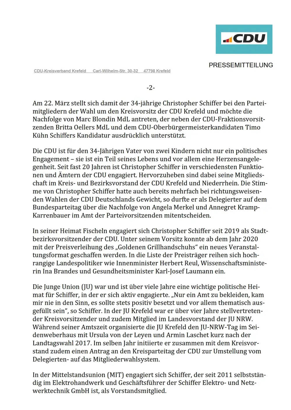 06.03.2025: Pressemitteilung zum Rückzug marc Blondins von der Parteispitze der CDU Krefeld Text der Pressemitteilung (Seite 2)